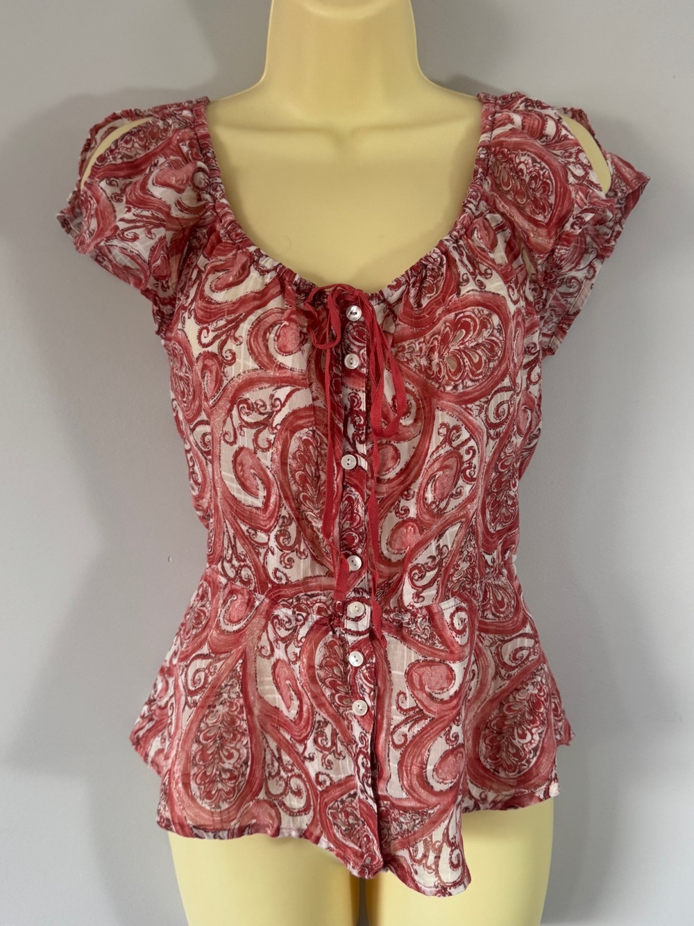 Lucky Brand Pink red Paisley Tie-Neck Flutter Sleeve button Blouse Women’s XS